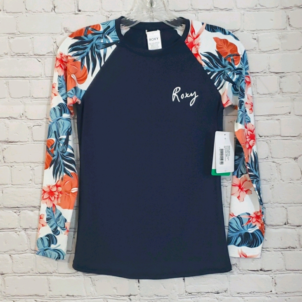NWT Roxy LS Lycra Rashguard Bright Navy Orange Turquoise Size S - Picture 3 of 7